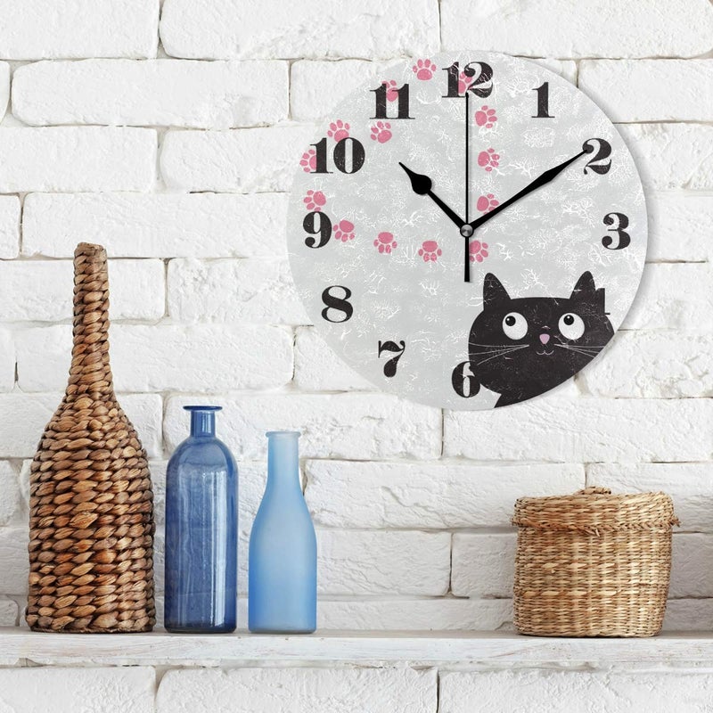 senya Wall Clock Silent Non Ticking, Round Cat and Paw Print Art Clock for Home Bedroom Office Easy to Read - Image 3